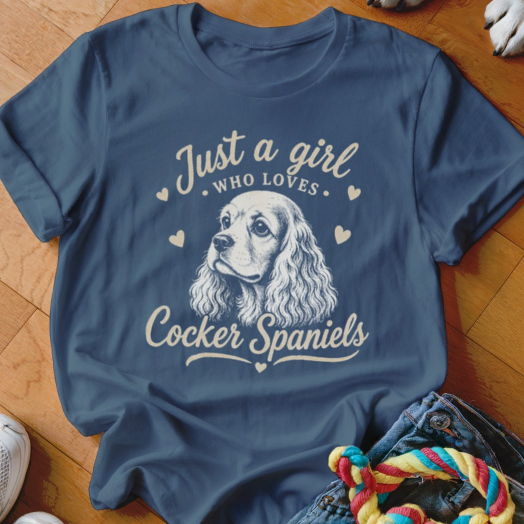 Blue t-shirt with "Just a girl who loves Cocker Spaniels" and a Cocker Spaniel dog illustration.