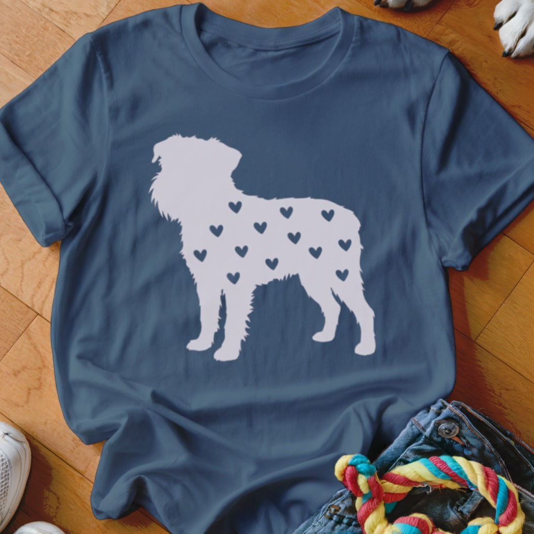 Blue t-shirt with white silhouette of a dog covered in small hearts.