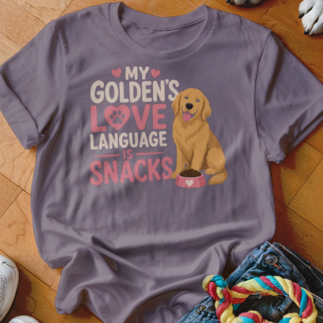 Purple t-shirt with Golden Retriever graphic and text "My Golden's Love Language is Snacks".