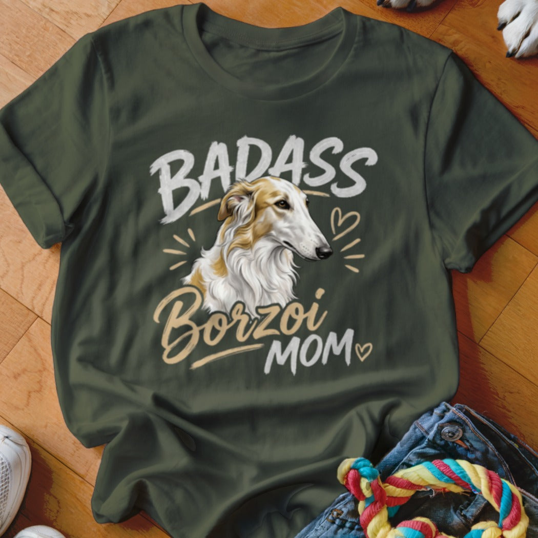 Dark green t-shirt with a white graphic of a Borzoi dog and text reading Badass Borzoi Mom.