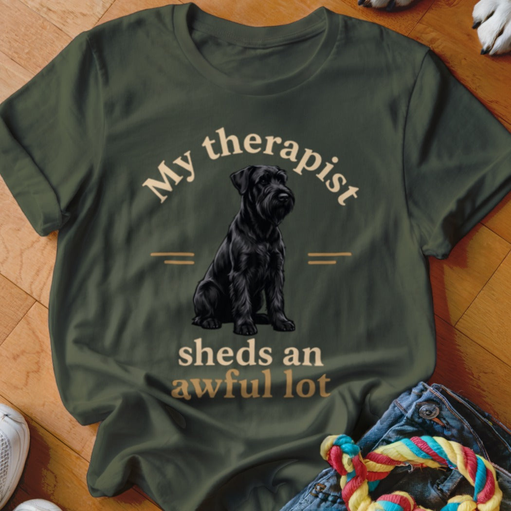 Green t-shirt with black schnauzer and text "My therapist sheds an awful lot."