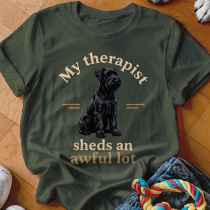Green t-shirt with black schnauzer and text "My therapist sheds an awful lot."