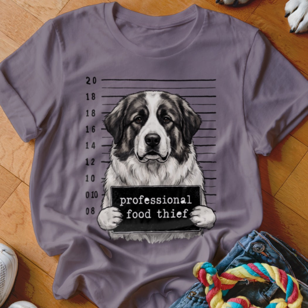 Bernese Mountain Dog mugshot with text "professional food thief" on a shirt.