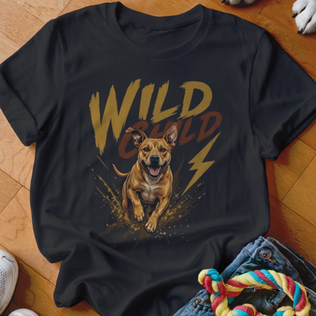 Black t-shirt featuring a graphic of a running brown dog, the text WILD CHILD, and a lightning bolt.