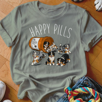 Happy Pills text with Australian Shepherd puppies spilling from a prescription bottle.