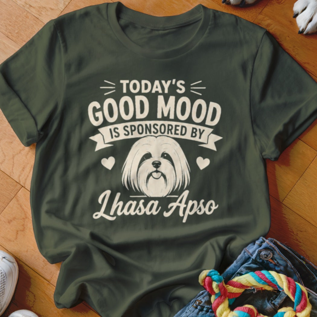Olive t-shirt with "Today's Good Mood is Sponsored By Lhasa Apso" text and dog illustration.