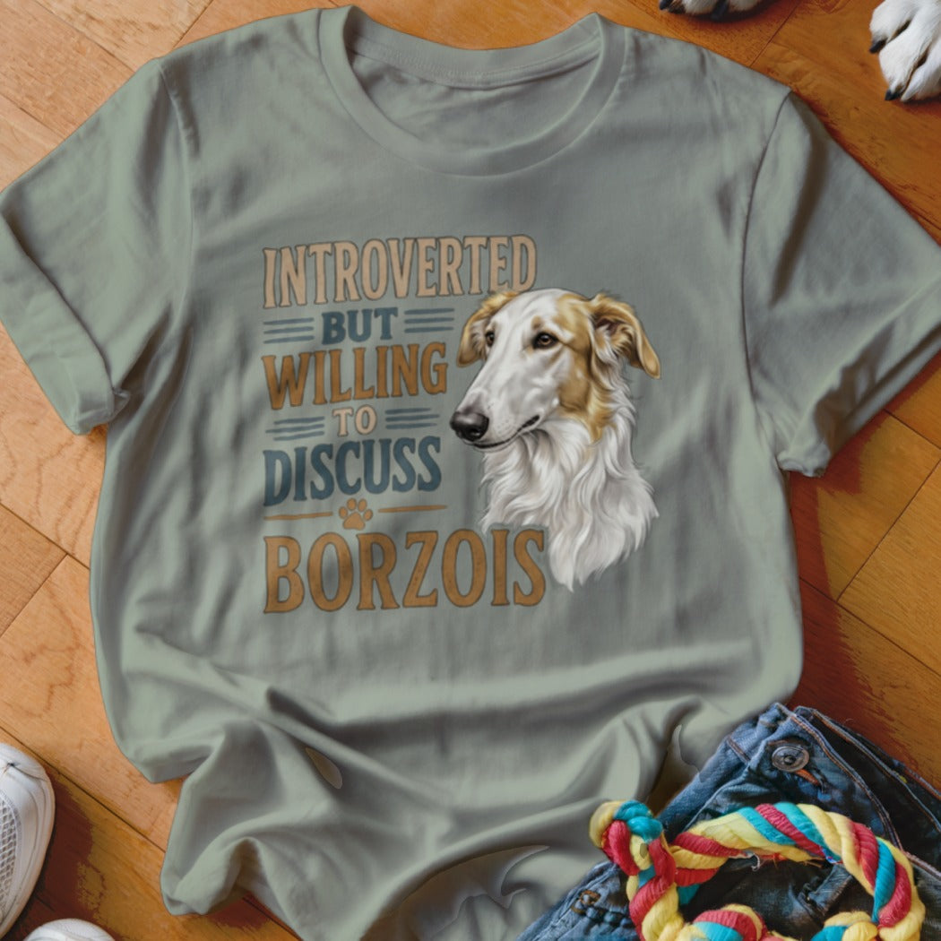 Introverted but willing to discuss Borzois graphic t-shirt with dog portrait.