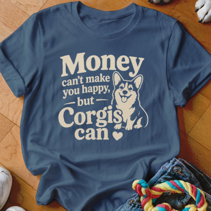 Navy t-shirt with text "Money can't make you happy, but Corgis can" and a corgi illustration.