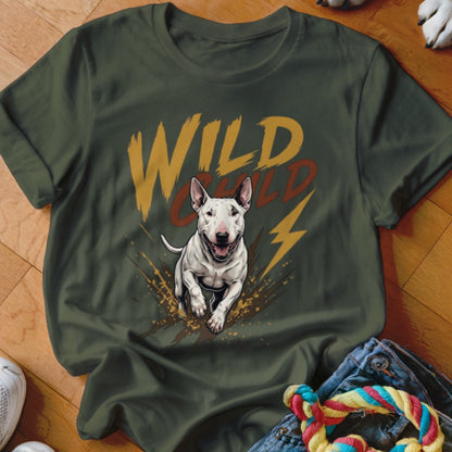 Olive green crewneck t-shirt featuring a graphic of a running bull terrier with text reading Wild Child.
