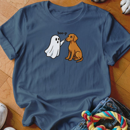 Ghost touching dog's nose with text "boo-p" on dark blue t-shirt.