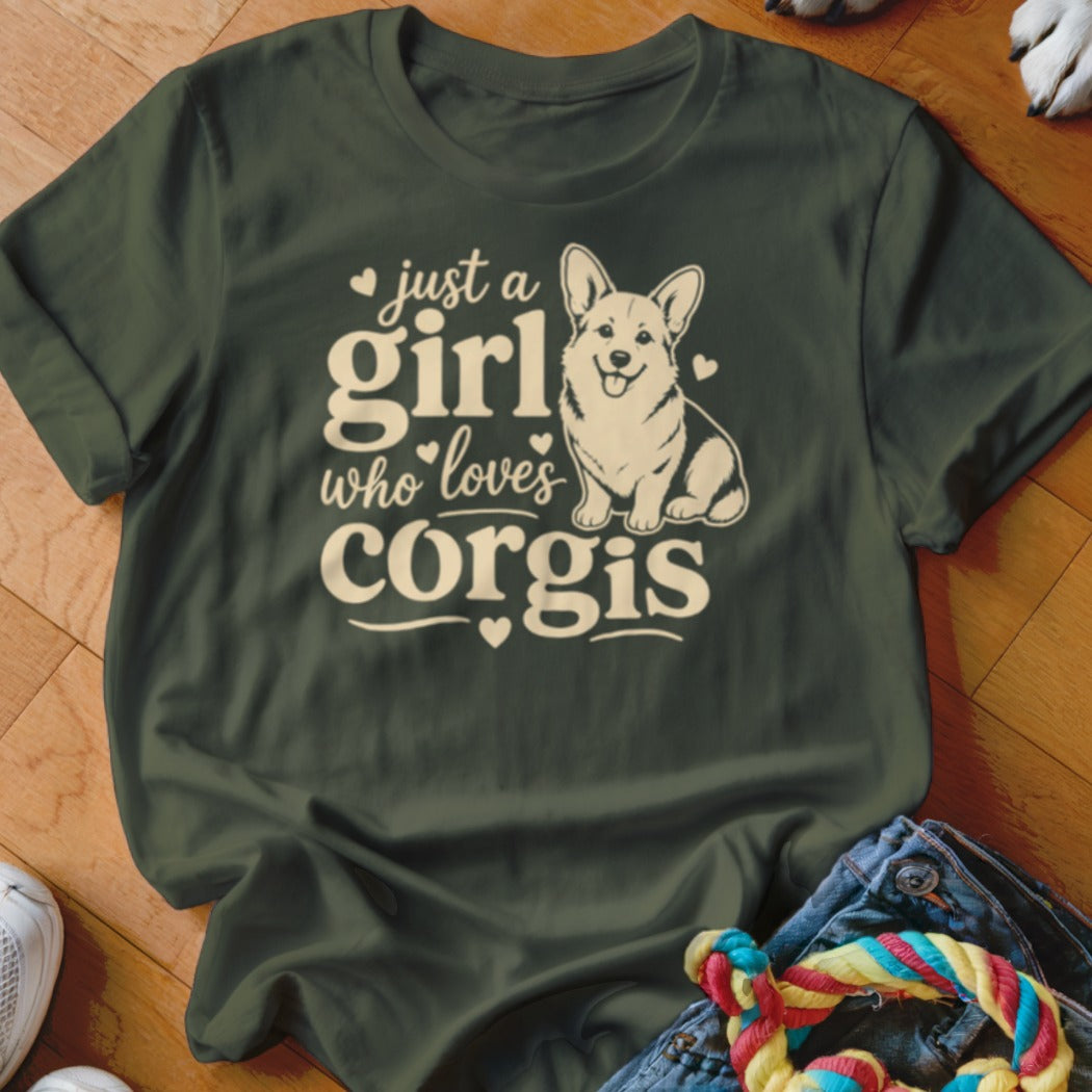 Dark green t-shirt with "just a girl who loves corgis" text and corgi illustration.