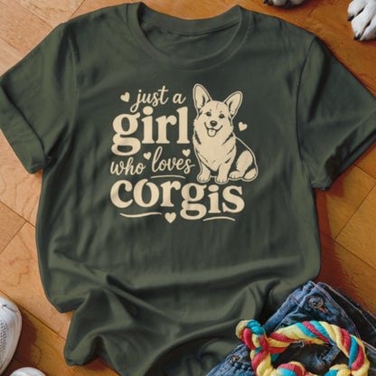 Dark green t-shirt with "just a girl who loves corgis" text and corgi illustration.