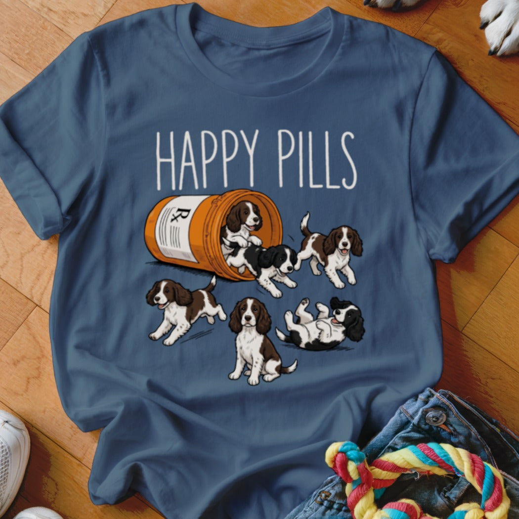 Happy Pills text above several small dogs spilling from a pill bottle.