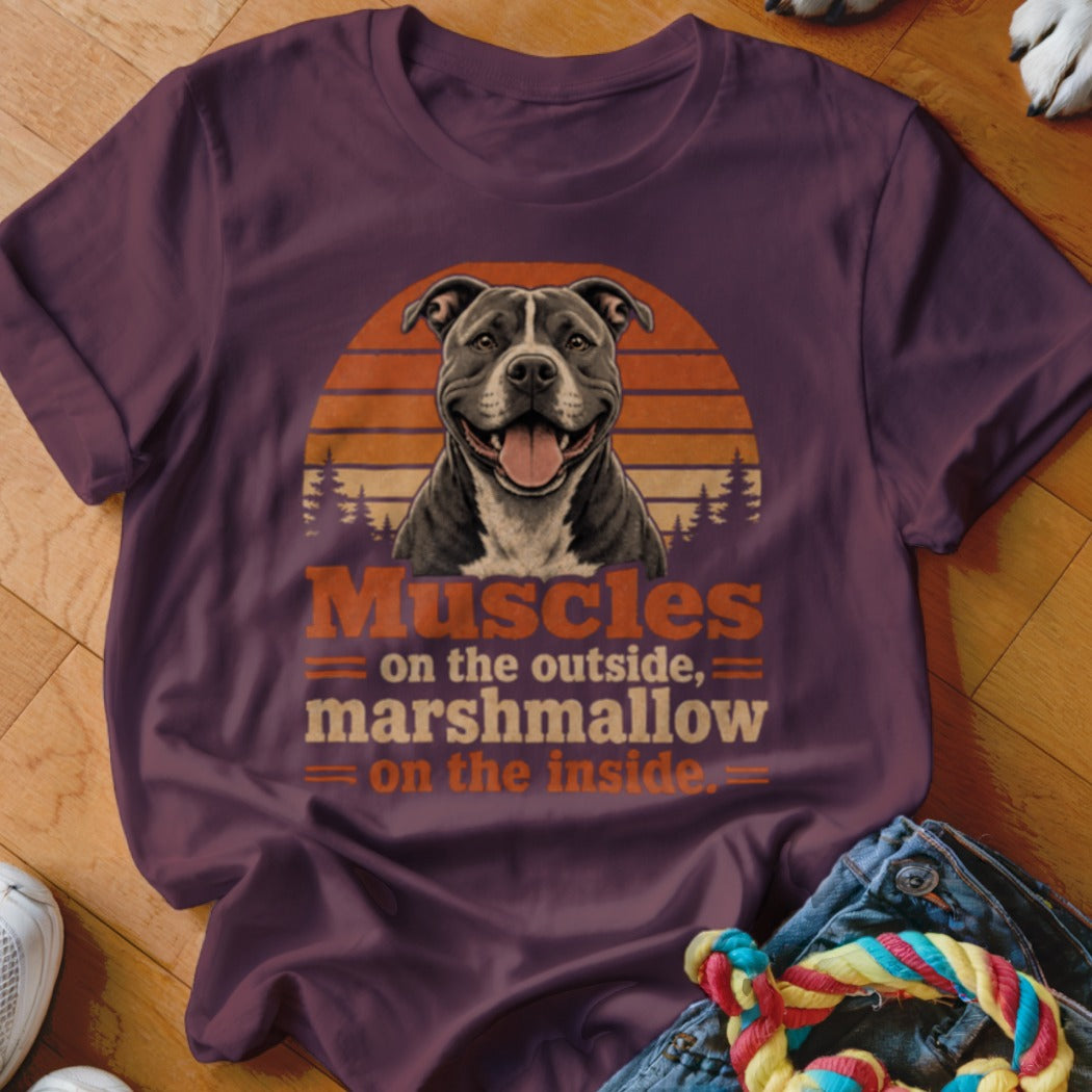 Plum t-shirt with pit bull dog graphic and text "Muscles on the outside, marshmallow on the inside."