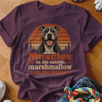 Plum t-shirt with pit bull dog graphic and text "Muscles on the outside, marshmallow on the inside."