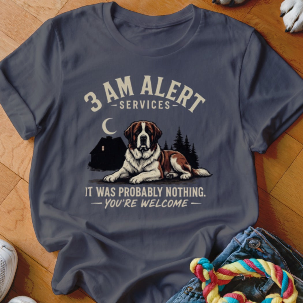 T-shirt with "3 AM Alert Services" and a St. Bernard dog.
