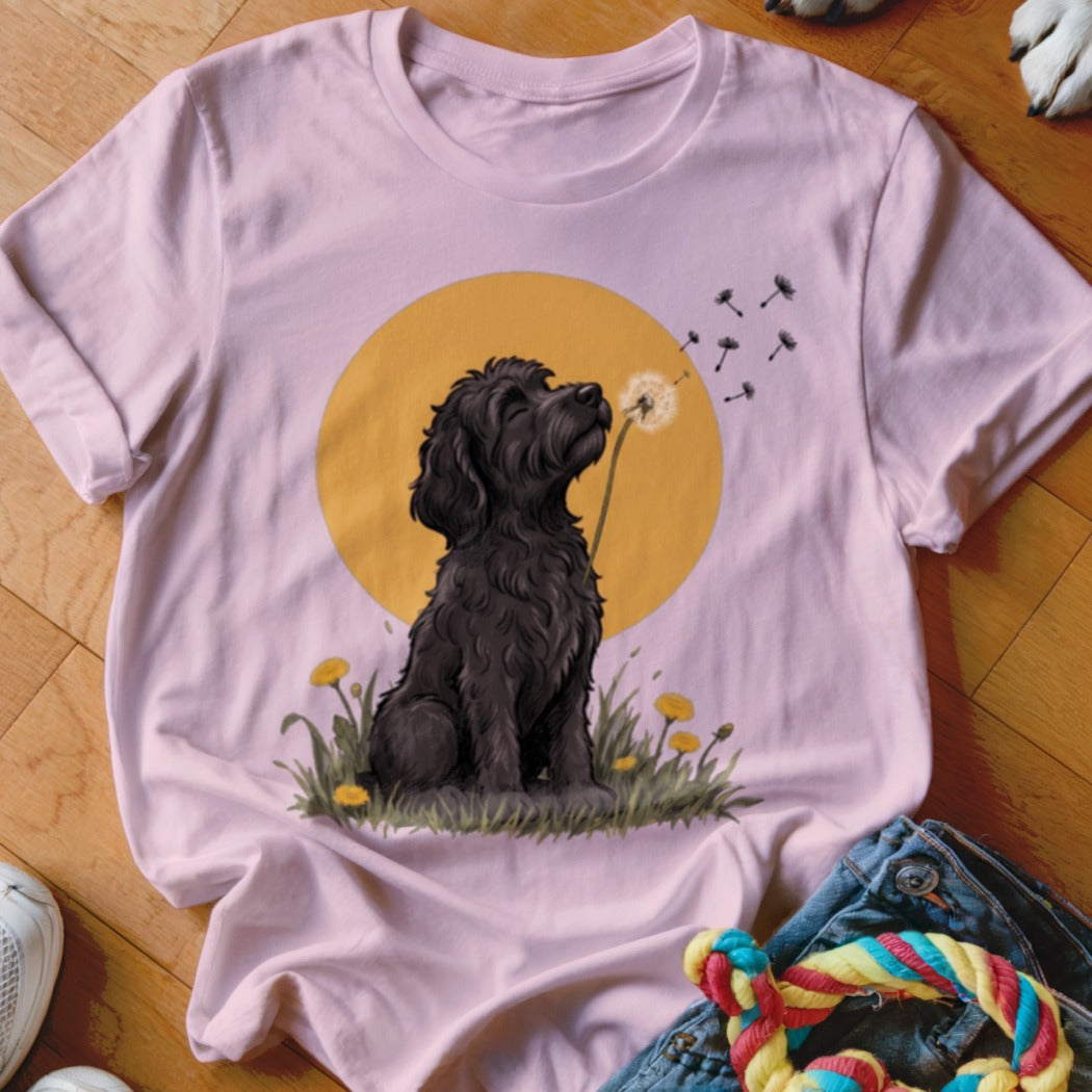 A light pink t-shirt features a graphic of a black dog blowing on a dandelion against a yellow circle background.