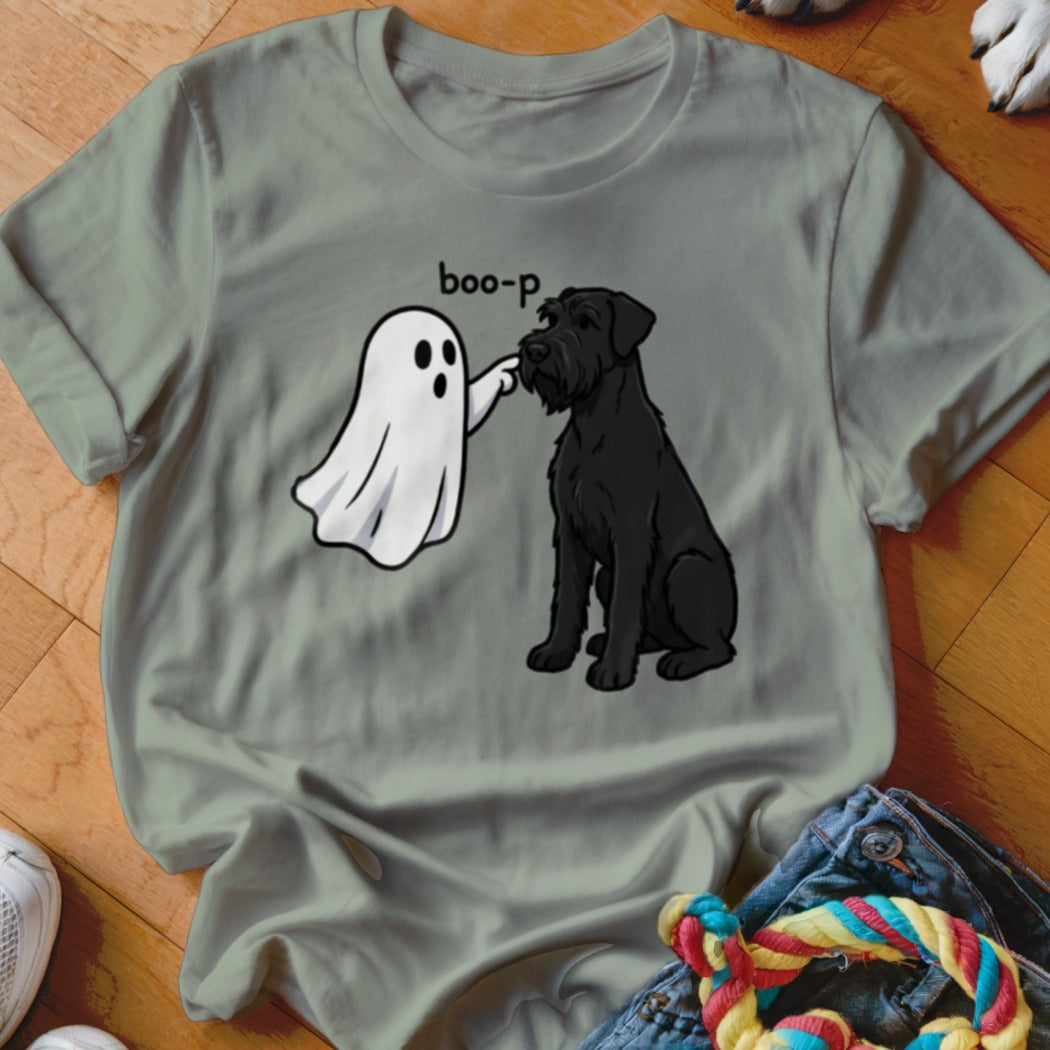 Ghost booping a black schnauzer with "boo-p" text on a grey t-shirt.