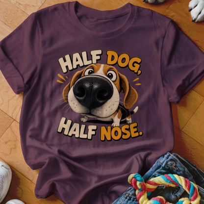 Purple t-shirt with cartoon beagle and text "HALF DOG, HALF NOSE."