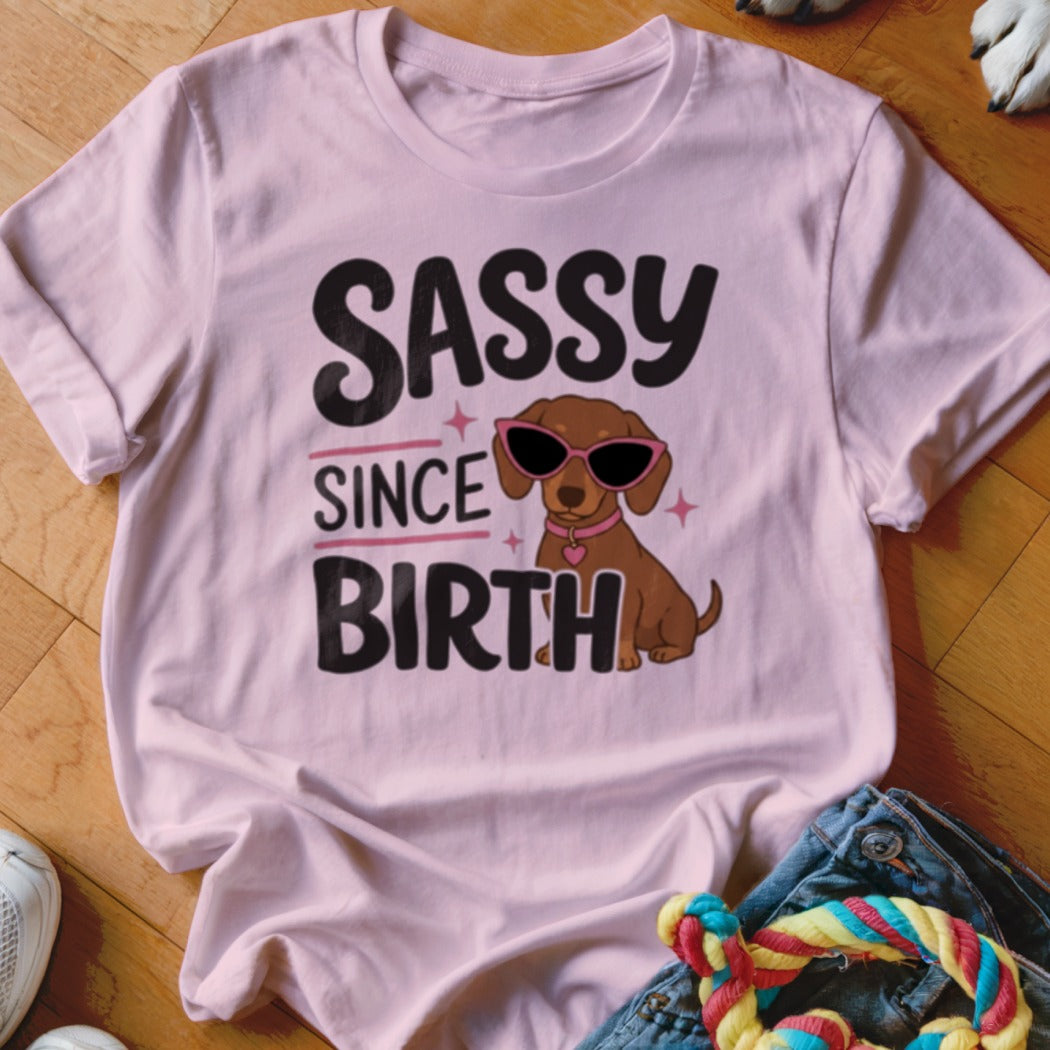 Pink t-shirt with "SASSY SINCE BIRTH" text and a dachshund wearing sunglasses.