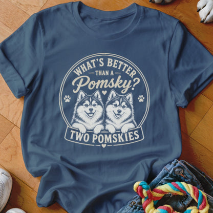 Navy t-shirt with graphic of two smiling Pomsykis and text "What's Better Than A Pomsky? Two Pomskies".