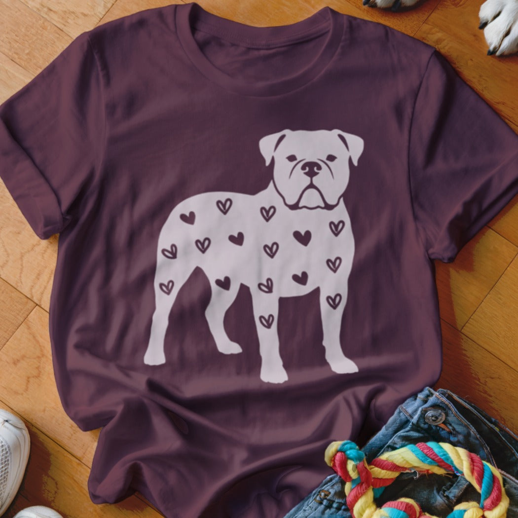 Maroon t-shirt with white bulldog silhouette covered in small dark hearts.