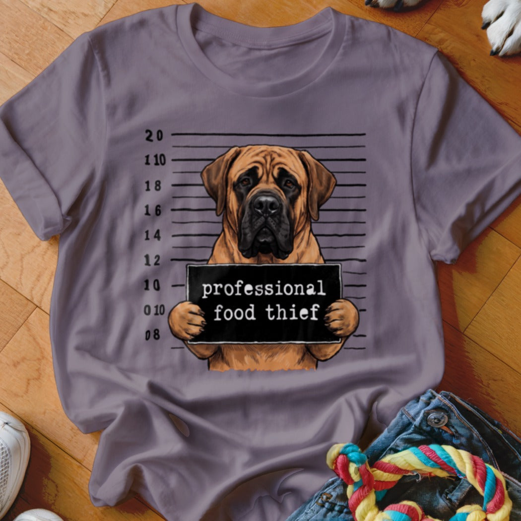 Bullmastiff mugshot with text "professional food thief" on a grey t-shirt.