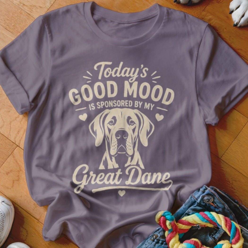 Purple t-shirt with "Today's Good Mood is Sponsored by My Great Dane" text and dog graphic.