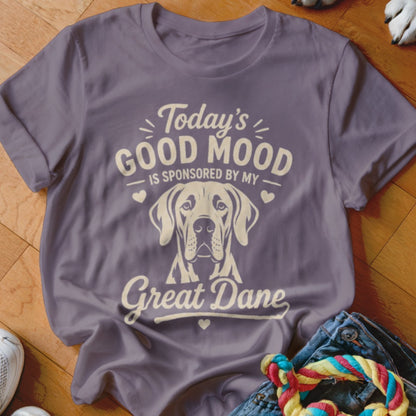 Purple t-shirt with "Today's Good Mood is Sponsored by My Great Dane" text and dog graphic.