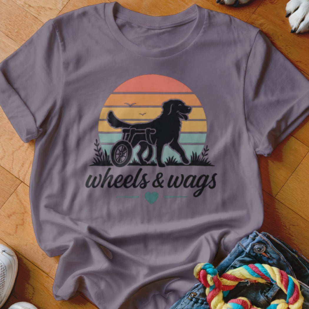 Black dog in a wheelchair with "
