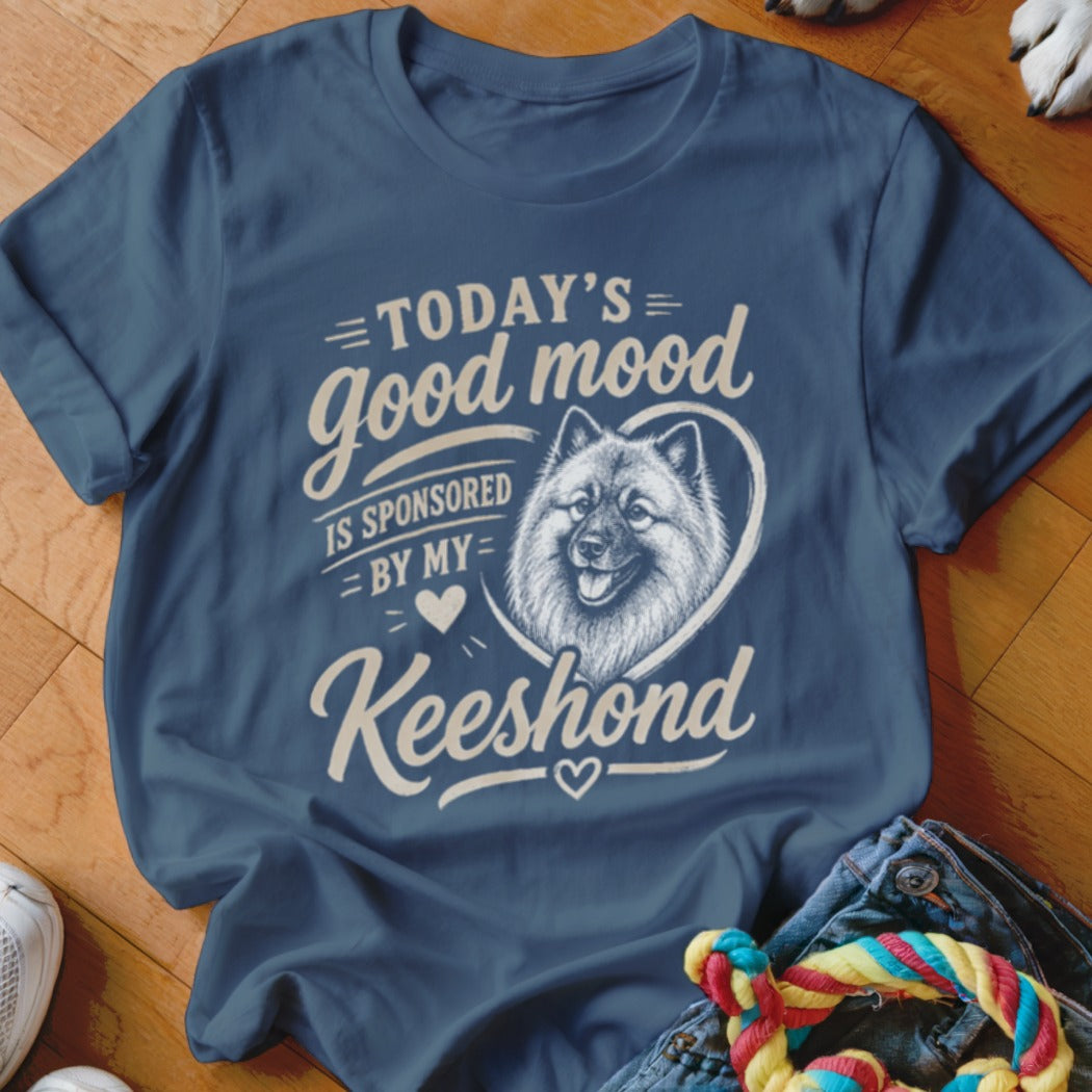 Navy t-shirt with "Today's good mood is sponsored by my Keeshond" text and dog illustration.
