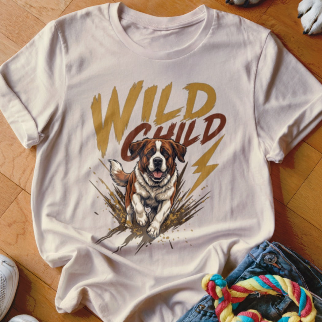 Beige short-sleeve t-shirt with a graphic of a brown and white dog and the text WILD CHILD.