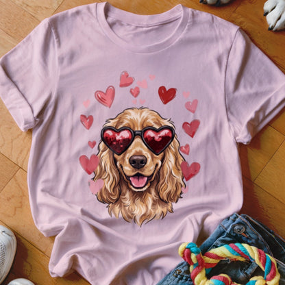 Light pink t-shirt featuring an illustration of a golden cocker spaniel wearing heart-shaped sunglasses surrounded by floating hearts.