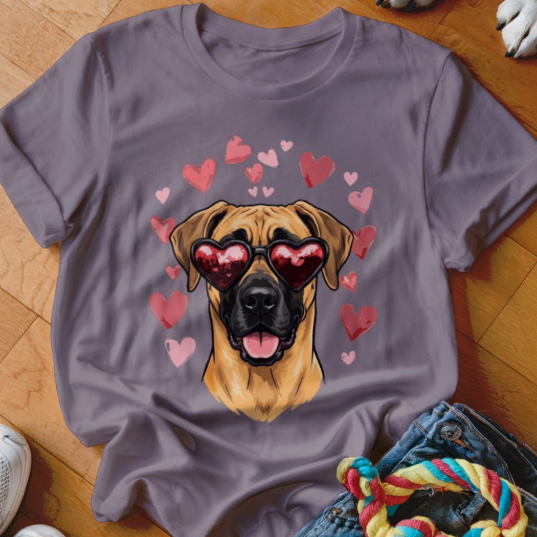 Gray crewneck t-shirt featuring an illustration of a dog wearing heart-shaped sunglasses surrounded by pink hearts.