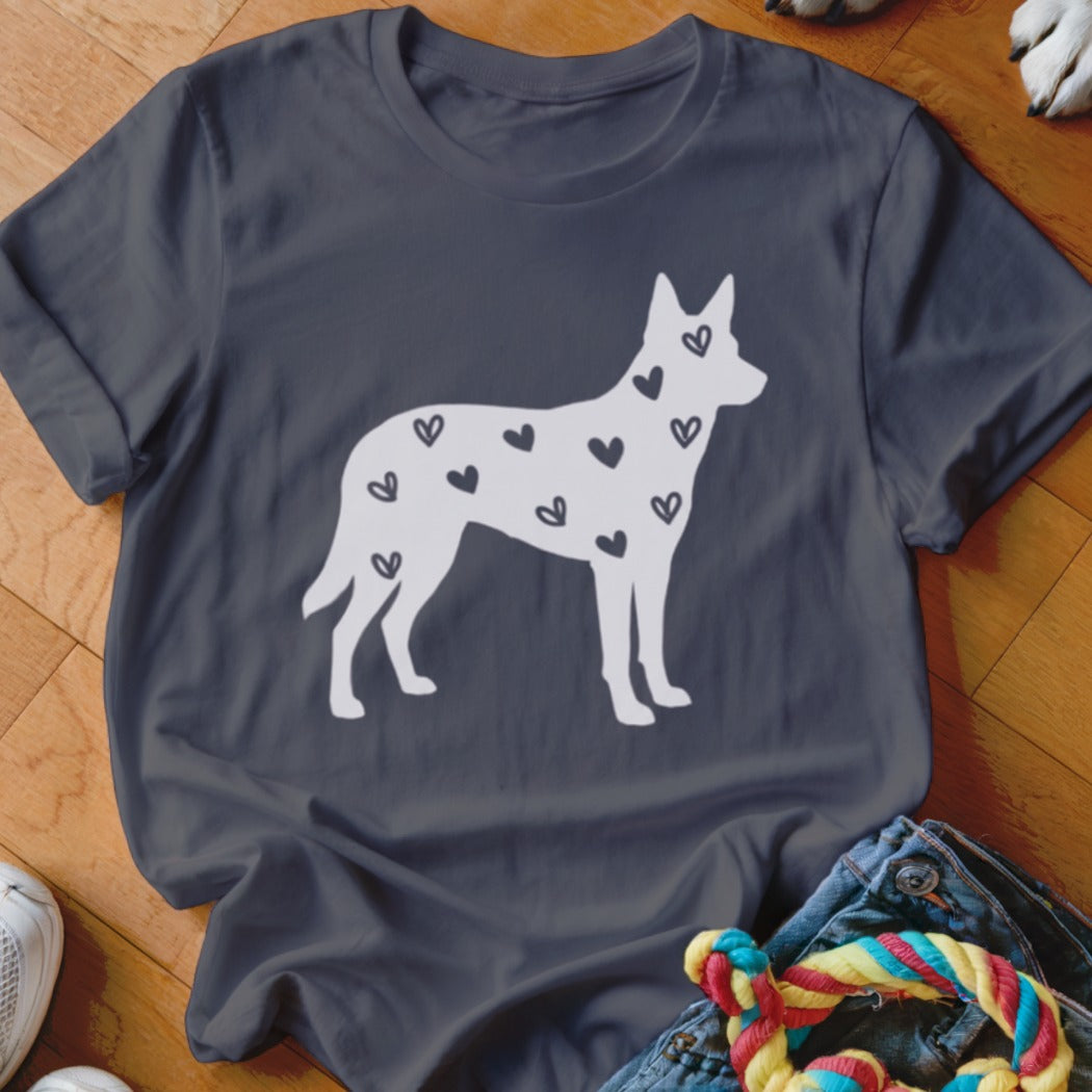 Dark grey t-shirt with white dog silhouette filled with small hearts.