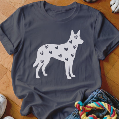 Dark grey t-shirt with white dog silhouette filled with small hearts.