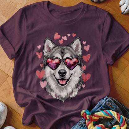 Maroon t-shirt featuring a graphic of a husky wearing heart-shaped sunglasses surrounded by pink hearts.