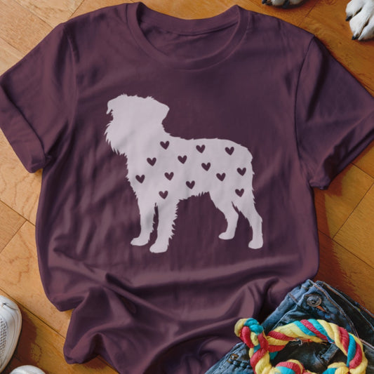 Maroon t-shirt with white silhouette of a dog covered in hearts.