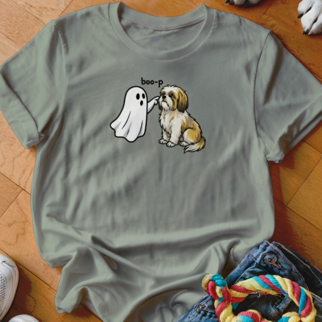 Ghost boops a sitting Shih Tzu dog with "boo-p" text above.