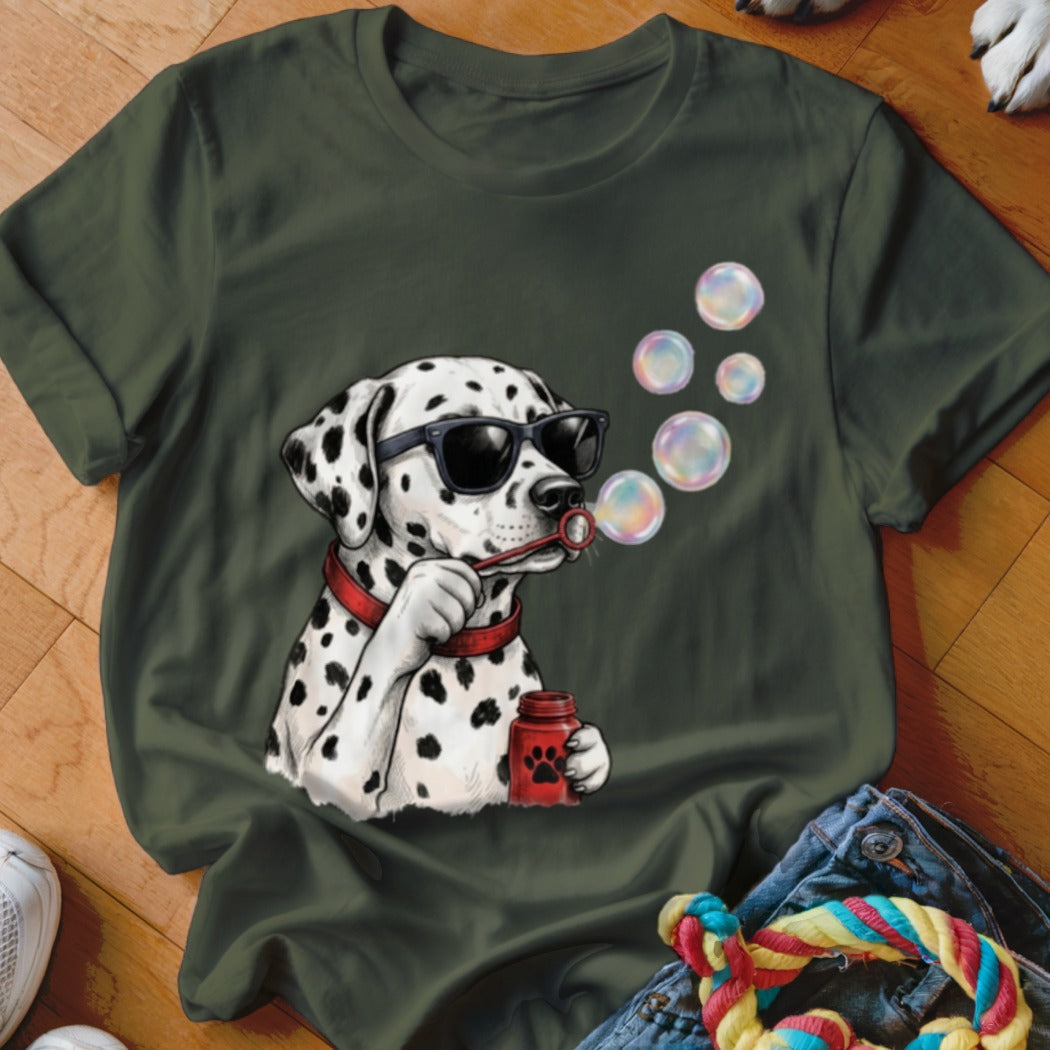 Dark green t-shirt featuring a graphic of a Dalmatian wearing sunglasses and blowing bubbles.