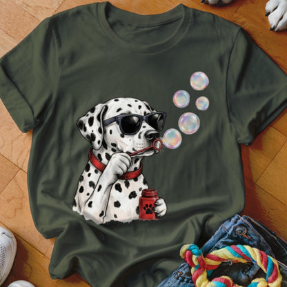 Dark green t-shirt featuring a graphic of a Dalmatian wearing sunglasses and blowing bubbles.