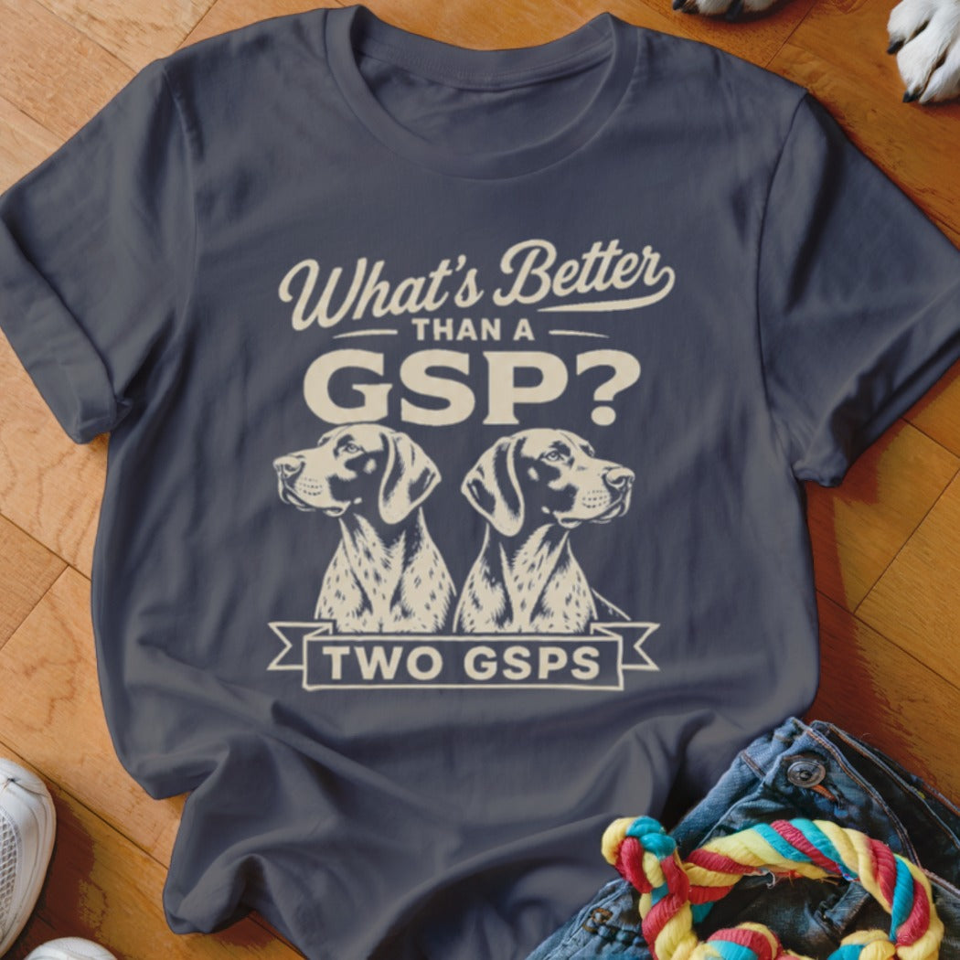 Dark blue t-shirt with text and two German Shorthaired Pointer dogs.