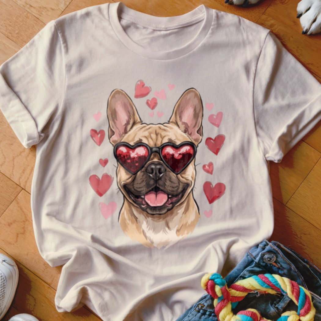 A light cream t-shirt features a graphic of a fawn French bulldog wearing heart-shaped sunglasses, surrounded by pink hearts.