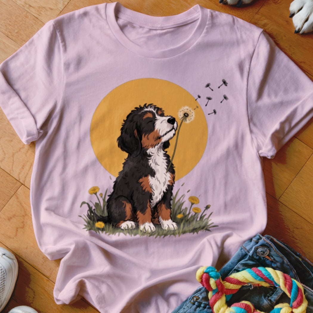 A light pink t-shirt featuring a graphic of a Bernese Mountain Dog puppy blowing a dandelion against a yellow circle background.