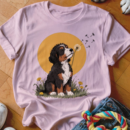 A light pink t-shirt featuring a graphic of a Bernese Mountain Dog puppy blowing a dandelion against a yellow circle background.