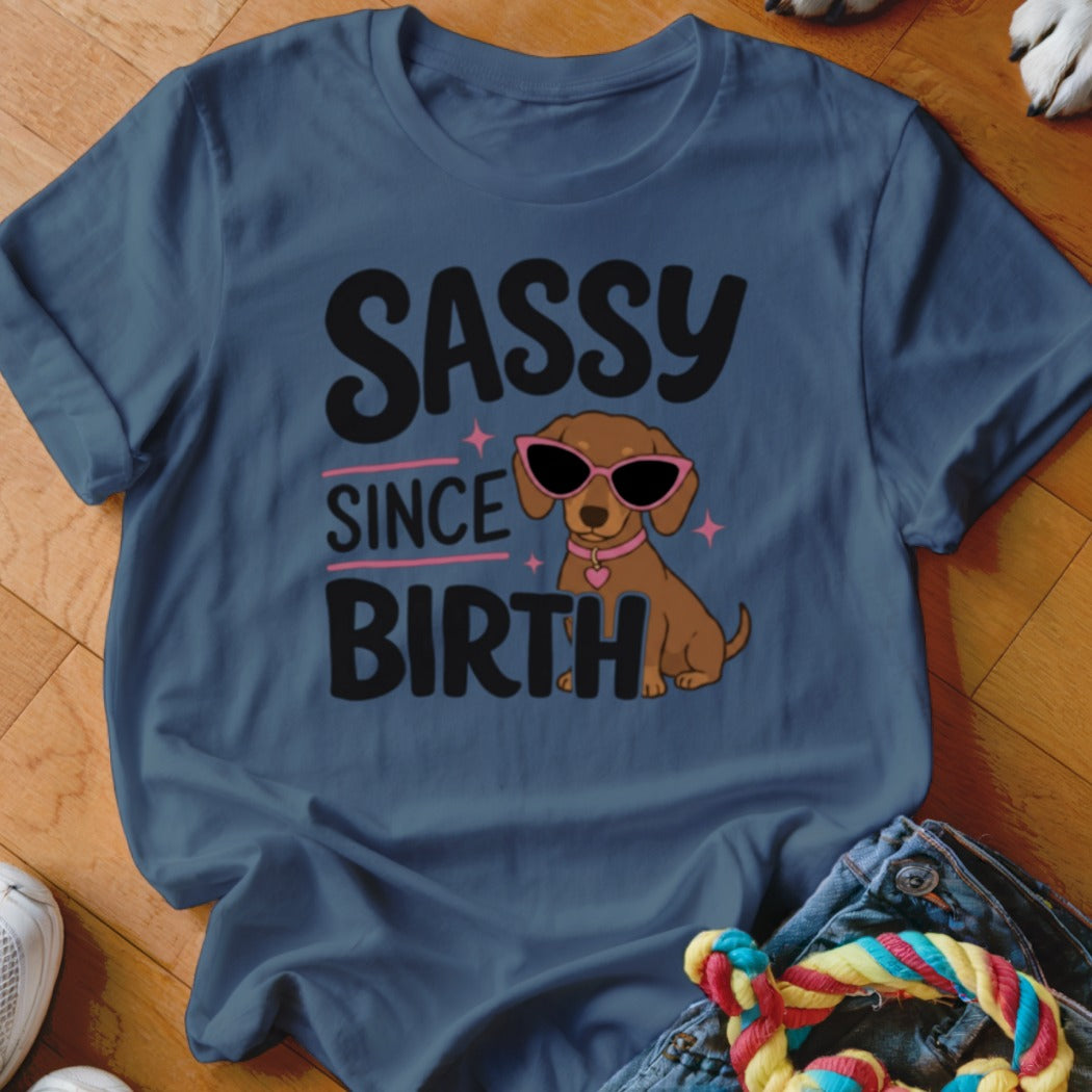 Blue t-shirt with "Sassy Since Birth" text and a dachshund wearing sunglasses.