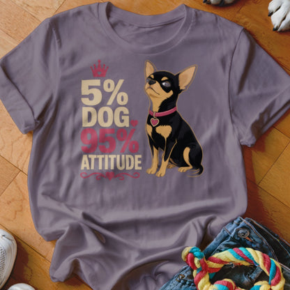 T-shirt with chihuahua graphic and text "5% DOG 95% ATTITUDE".