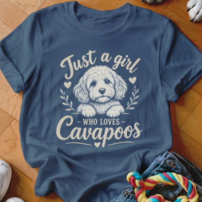 Navy t-shirt with "Just a girl who loves Cavapoos" and a doodle dog illustration.