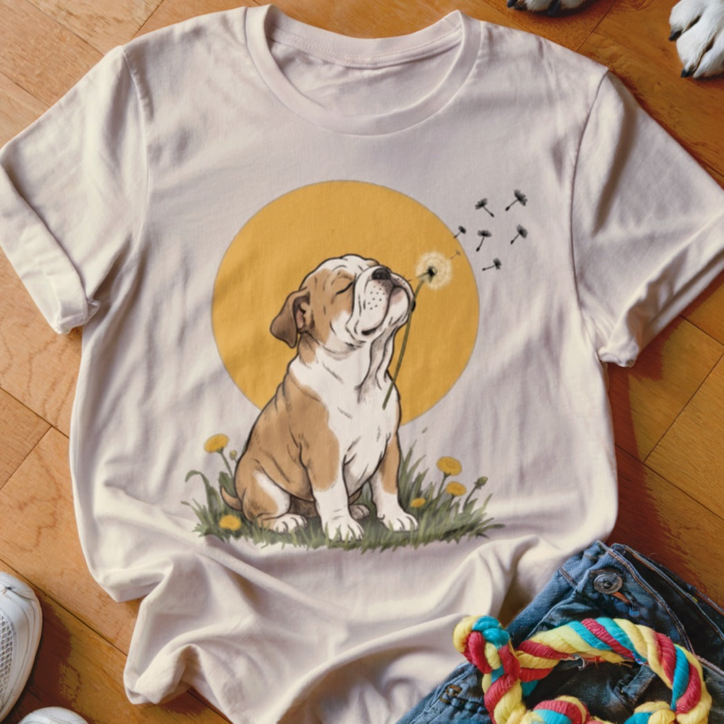 Light pink crewneck t-shirt featuring an illustrated bulldog blowing dandelion seeds in front of a yellow sun.