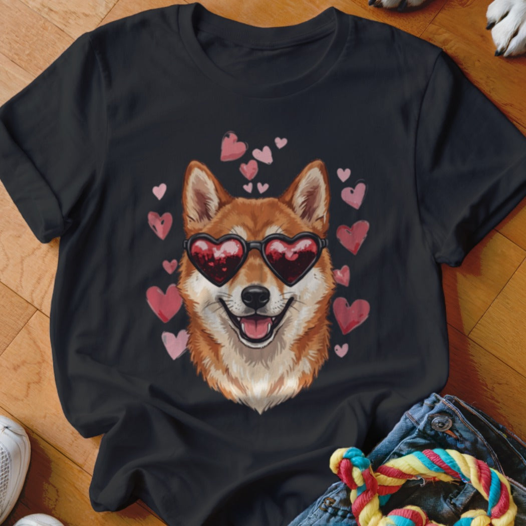 Black t-shirt featuring a graphic of a smiling Shiba Inu dog wearing heart-shaped sunglasses surrounded by pink hearts.